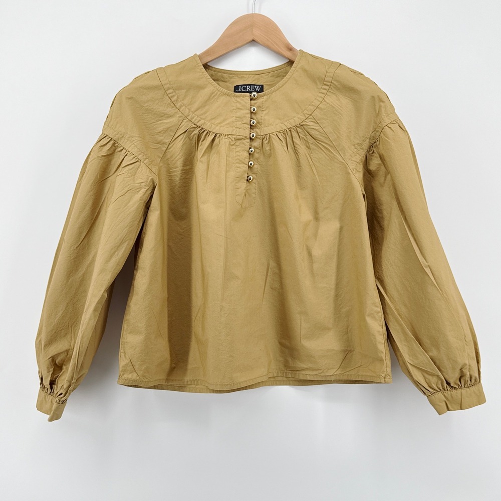 J. Crew Shirred Popover Top Balloon Sleeve Poplin Cotton Honey Brown Size Small